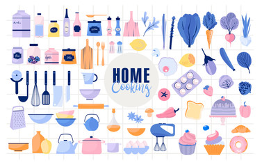 Set of Kitchen utensils, dishes, pots, pans, knives, blender, vegetables and meals. Treny Modern flat icons set, graphic elements for website, web banner, posters. Editable vector illustration 