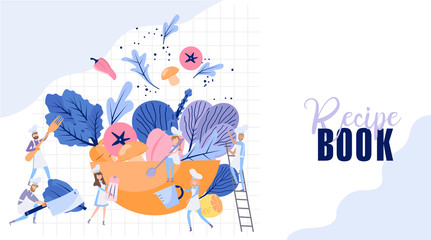 People Cook in Chef Uniform and Cap. Teamwork, Tiny Characters cooking huge salad. Food Preparing Process. Recipe illustration. Editable vector illustration