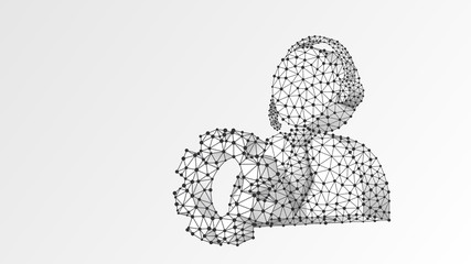 Support engineer, cogwheel with employee profile silhouette. User portrait, problem-solution engine concept. Abstract, digital wireframe, low poly mesh, vector white origami 3d illustration. Line dot