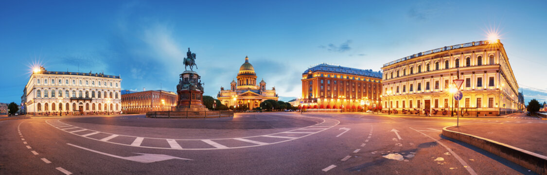 Panorama of Saint Petersburg night city skyline at Saint Isaac Cathedral, Russia