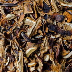 many dried mushrooms lies on a white wood desk