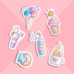 Cute cartoon little princess icon set - sweets sweet ice cream, cake, cocktails, donut and lollipop. Cute girly sweets - icon stickers in one collection