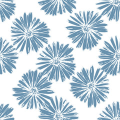 Blue chamomile meadow  wildflower Nature seamless pattern. Silhouette vector. Spring decoration.