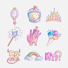 Set of princess and little girls cute fashion icon. Lovely vector set of hand drawn princess elements - tiara, cosmonaut, cat, ice cream and word Hell girl. Cute colored magic icon and elements for
