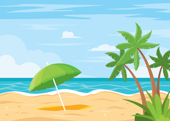Fototapeta na wymiar Beach background with umbrella. Vector cartoon style background of sea shore. Good sunny day, Summertime on the beach. Palms and plants around