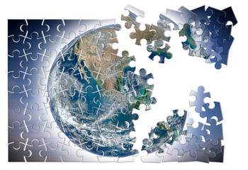 Rebuild the world - concept image with elements from Nasa in jigsaw puzzle shape- Photo composition with image from NASA.