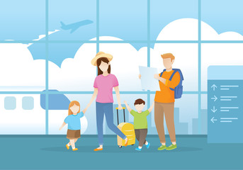 Family walking in airport terminal for vacation. People at the airport for a journey. Infographics elements, Business travel concept. Flat vector illustration