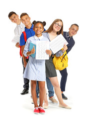Happy classmates with results of school test on white background