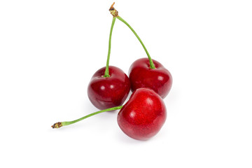Three red sweet cherries with stalks on white background