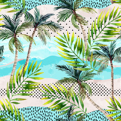 Fototapeta na wymiar Abstract summer beach background. Art illustration with watercolor palm trees, doodles and grunge textures