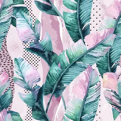 Poster Waterverf naadloos patroon van tropische bananenbladeren op verticale gestreepte achtergrond © Tanya Syrytsyna
