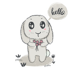 Vector hand drawn cute rabbit with flowers and word hello.