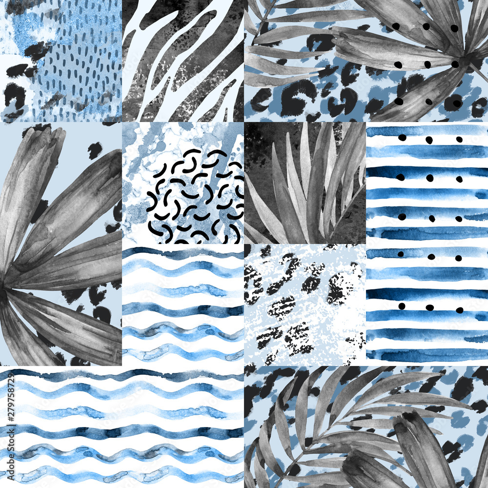 Sticker Hand painted water color palm leaves, stripes, animal print, doodles, grunge and watercolour textures geometric background