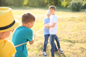 Fototapeta na wymiar Group of children pulling rope at summer camp