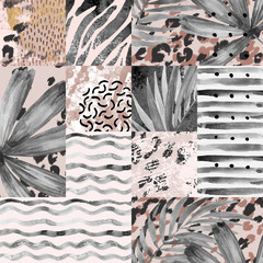 Hand painted water color palm leaves, stripes, animal print, doodles, grunge and watercolour textures geometric background