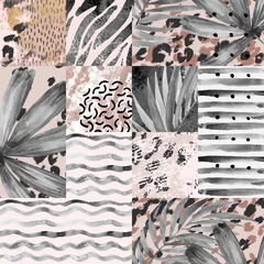Papier Peint photo Impressions graphiques Feuilles de palmier aquarelle peintes à la main, rayures, imprimé animal, griffonnages, fond géométrique de textures grunge et aquarelle