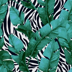 Fototapete Aquarell Natur Bananenblatt auf nahtlosem Muster des Tierdrucks. Ungewöhnliche tropische Blätter, Tigerstreifenhintergrund