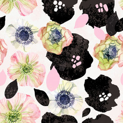 Materiał do szycia Abstract floral seamless pattern: hand drawn, digital flowers in black, pink colors with watercolor, grunge textures