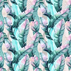 Foto auf Acrylglas Aquarell Natur Aquarell nahtloses Muster von tropischen Bananenblättern auf vertikal gestreiftem Hintergrund