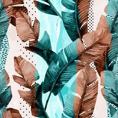 Vlies Fototapete Aquarell Natur Aquarell nahtloses Muster von tropischen Bananenblättern auf vertikal gestreiftem Hintergrund