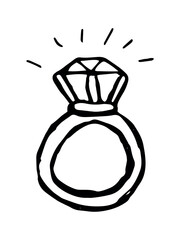 Diamond ring painted by hand. Black and white contour vector isolated illustration.