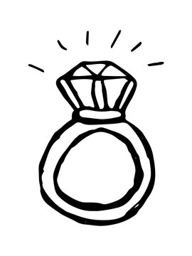 Diamond ring painted by hand. Black and white contour vector isolated illustration.