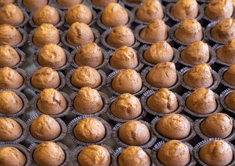 A tray of delicious fresh pastries made from muffins and muffins. lots of chocolate muffins, background, bakery products