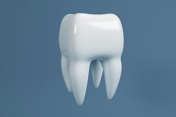 Image of a tooth on a blue background. Dentist background. 3D rendering.