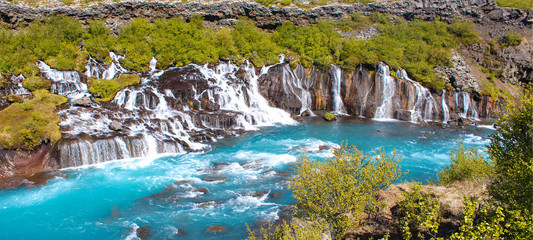 Fototapeta na wymiar Barnafoss and Hraunfossars waterfall in Iceland 