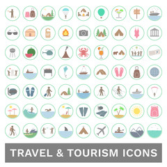 Tourism and travel icon set. Vector.