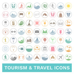 Set of colorful travel and tourism icons. Vector.