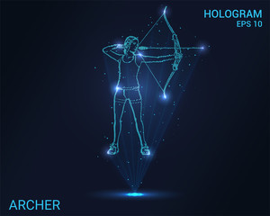 Fototapeta na wymiar Hologram Archer. Girl shoots a bow. Flickering energy flux of particles. Scientific sports design.