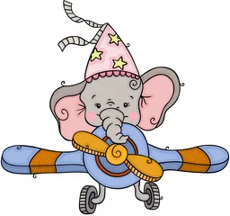 Badkamer foto achterwand Olifant in een vliegtuig Kleine olifant met feestmuts die in een vliegtuig vliegt