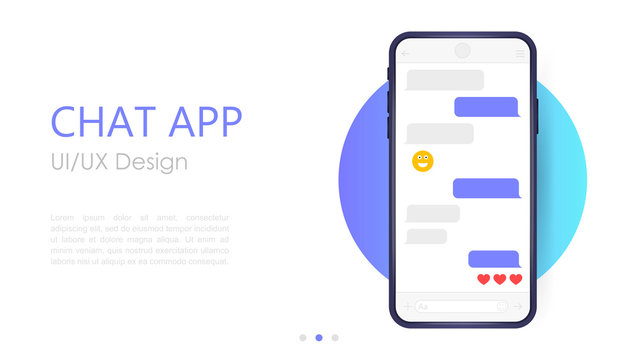 Mobile Chat App Mockup. UX Or UI Design. Smartphone Isolated On White Background. Social Network Design Template