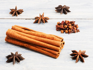 Cinnamon (Cinnamomum verum), anise (Pimpinella anisum), cloves (Dianthus) spices on white background