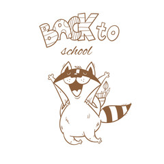 Back to school vector card. Cute cartoon raccoon schoolboy with backpack. Contour image no fill.