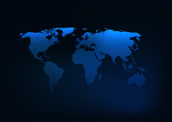 Futuristic glowing dark blue world map silhouette.