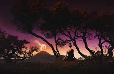 Serenity and yoga practicing, meditation near Bromo volcano, digital editing image
