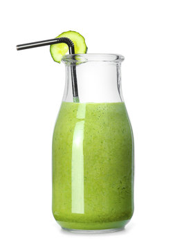 Bottle of healthy smoothie on white background