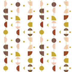 Nahtloses Muster des abstrakten geometrischen Vektors, inspiriert von modernen Stoffen der Mitte des Jahrhunderts. Einfache Formen in Retro-Pastellfarben und strukturiertem Hintergrund. Die Schnittmaske wird für die einfache Bearbeitung verwendet. eps 10 