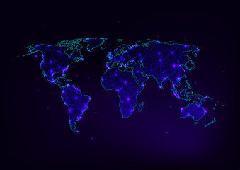 Fototapeta na wymiar World map mesh with continents outline made of lines, dots, stars, triangles on dark purple, blue.