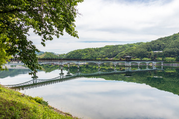 Panorama view on Moonlight Bridge, korean Woryeonggyo, and river Nakdong. Longest pedestrian...