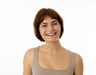 Portrait of young attractive cheerful woman with smiling happy face. Human expressions and emotions