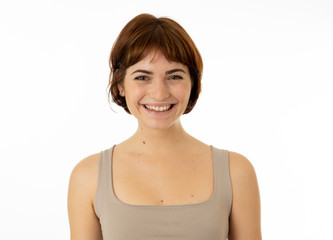 Portrait of young attractive cheerful woman with smiling happy face. Human expressions and emotions