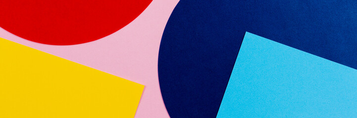 Texture background of fashion papers in memphis geometry style. Yellow, blue, light blue, red and pastel pink colors. Top view, flat lay