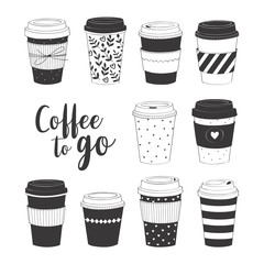 Coffee cup set. Vector collection with various disposable cups of coffee to go. Hand drawn doodle illustration - 279763125