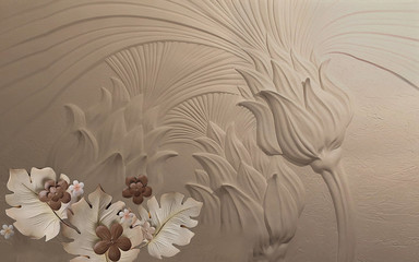 3d illustration, dark embossed background, fantastic flowers