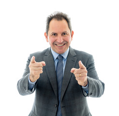 Studio shot of middle aged business strategist speaker leading a meeting discussing ideas.