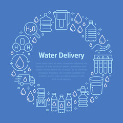 Pure water vector circle banner with flat line icons. Aqua filter, potable liquid, glass, office cooler vector illustrations. Thin signs for bottle delivery. Blue color