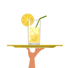 Cocktail with lemon on tray on white background